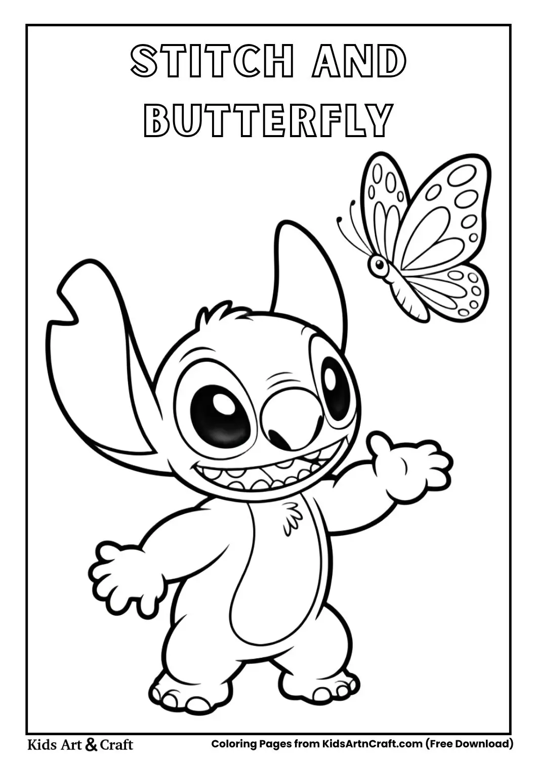 Stitch playing with butterfly black and white coloring page for kids