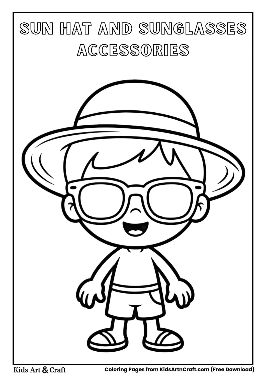 Kids sun hat and sunglasses beach accessories coloring page