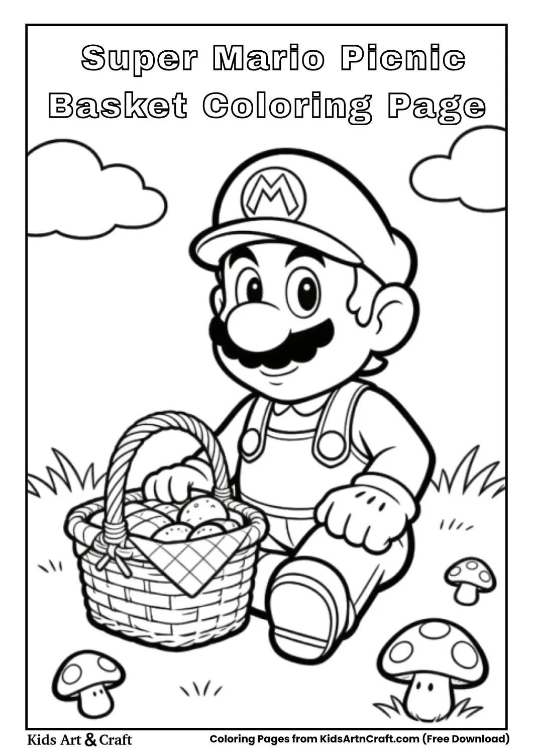 Super Mario sitting next to a picnic basket with mushrooms coloring page