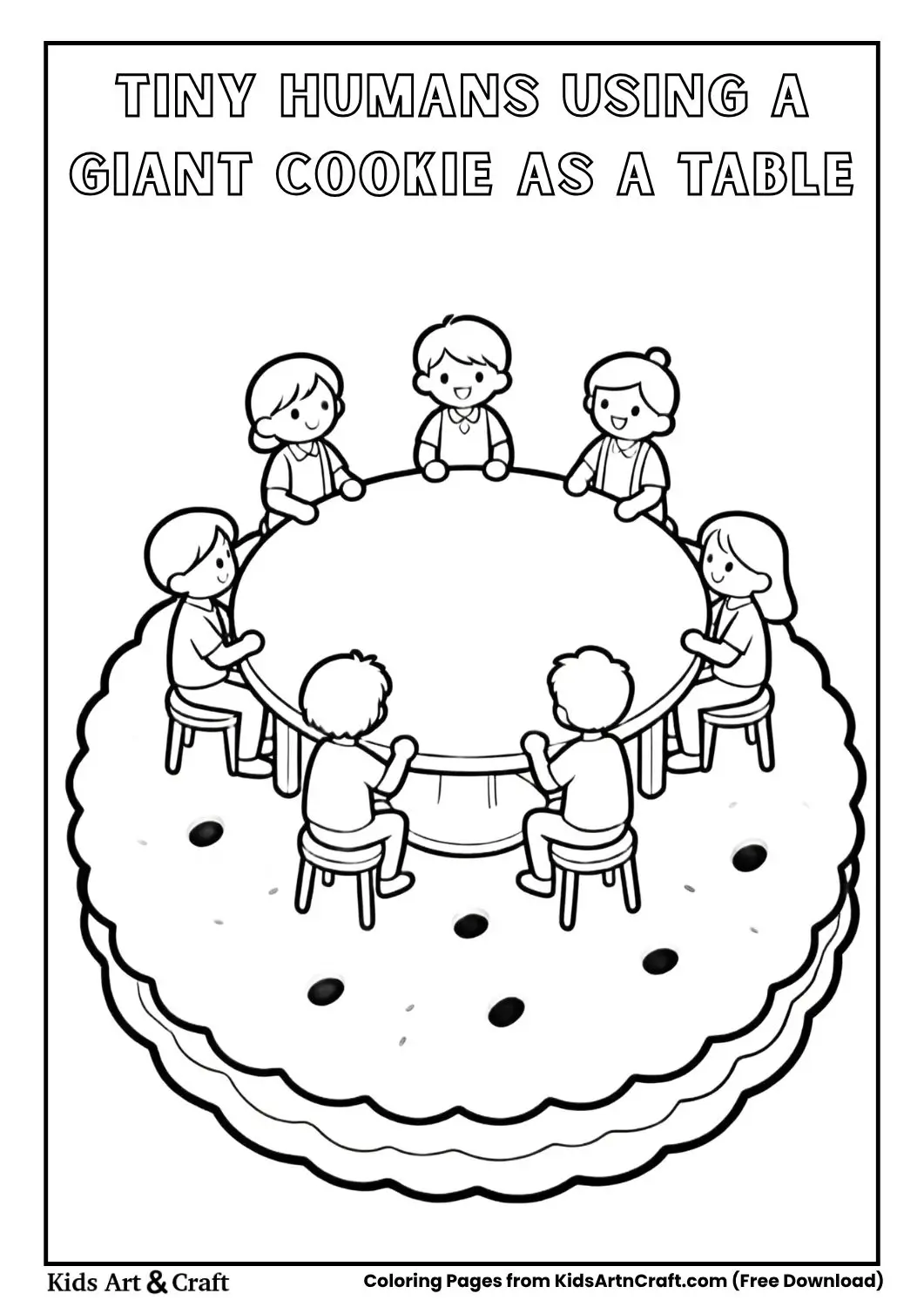 Tiny humans using a giant cookie as a table coloring page