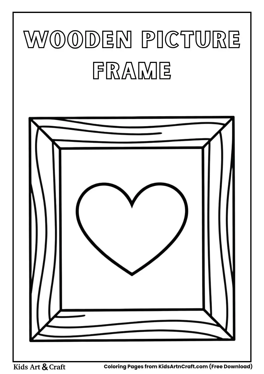 Simple wooden picture frame with heart black and white coloring page for children