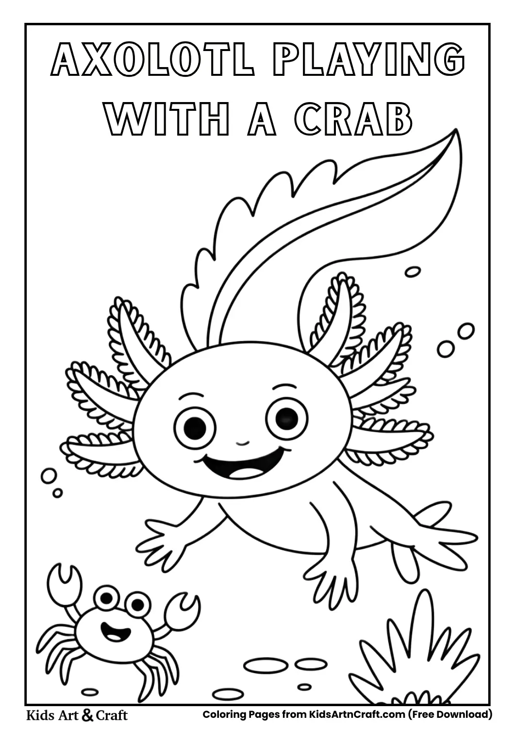 Cute axolotl playing with tiny crab kids coloring page