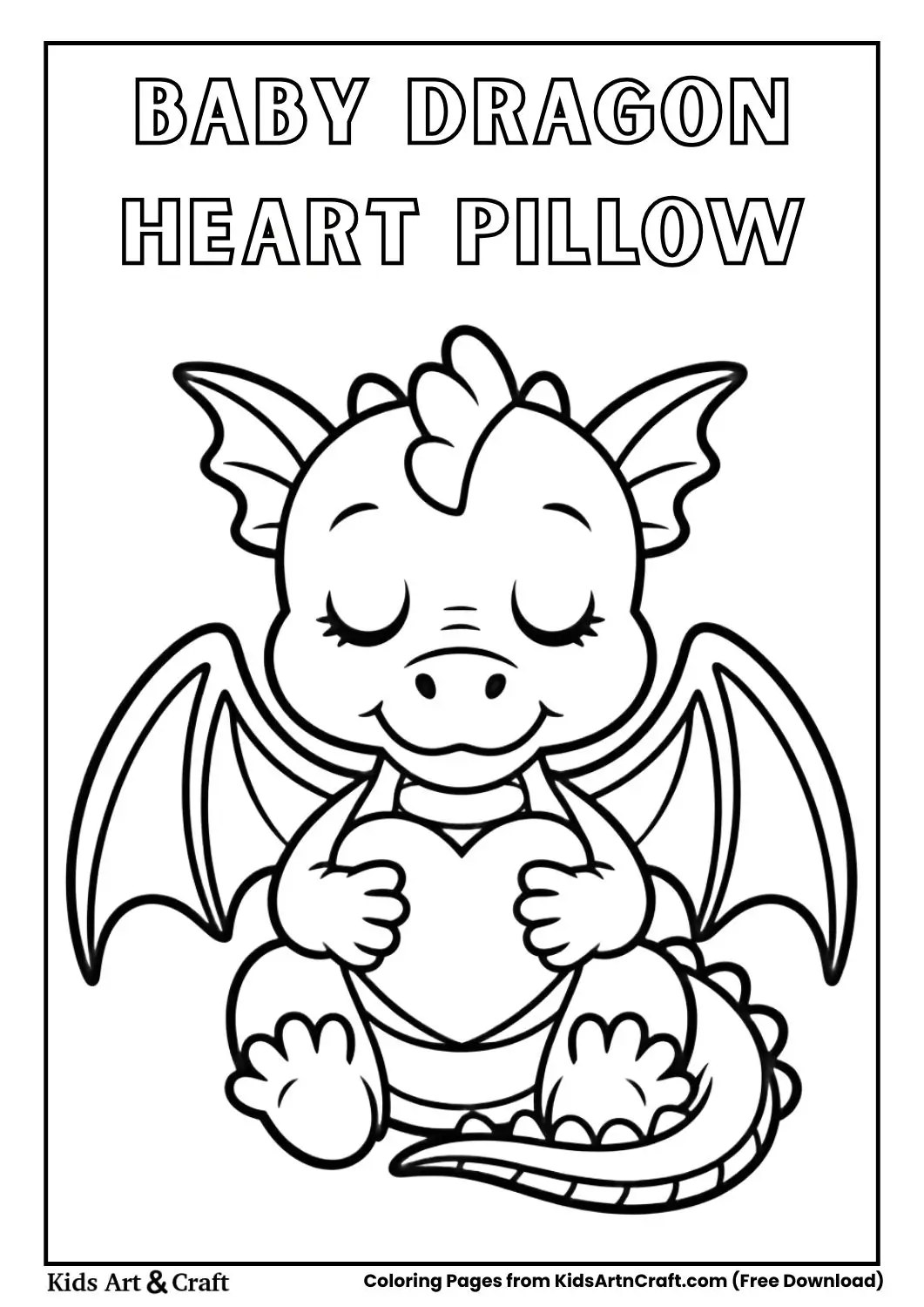 Baby dragon sleeping while hugging a heart pillow coloring page