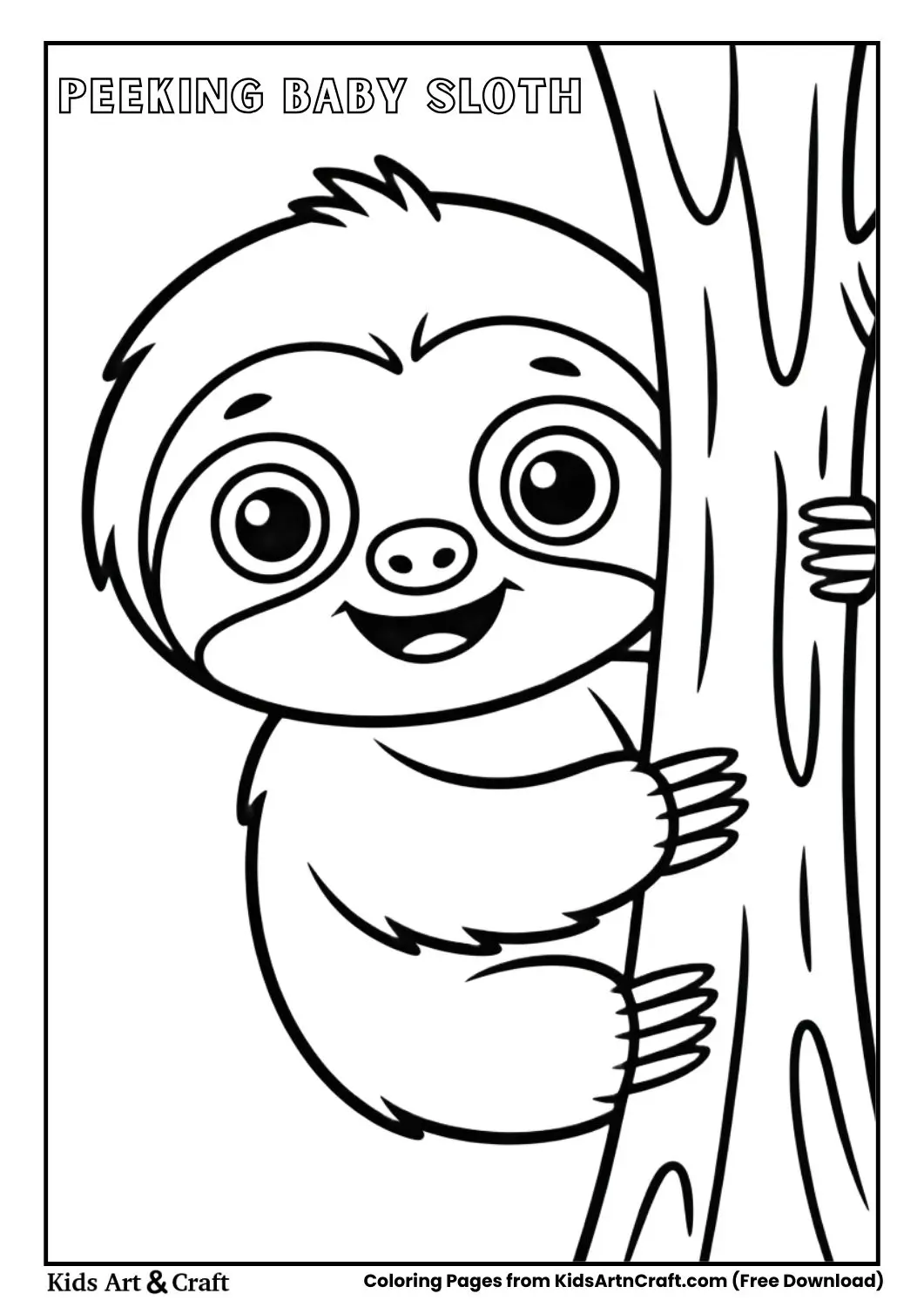 Baby sloth peeking from behind a tree trunk