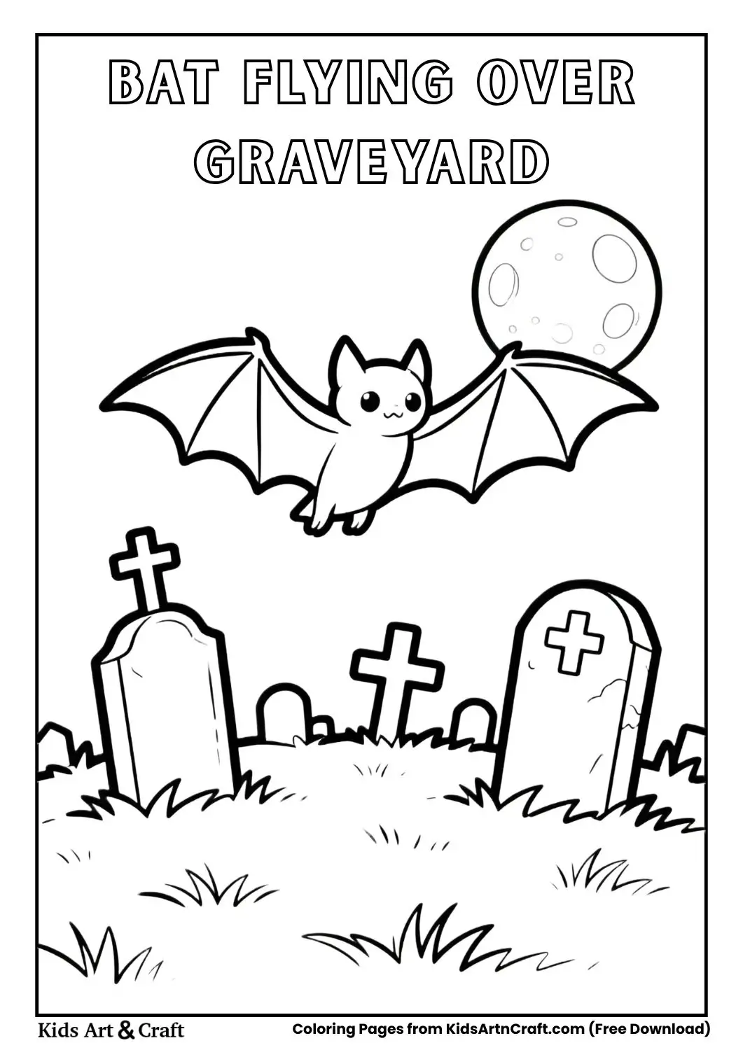 Bat flying above graveyard Halloween coloring page for kids