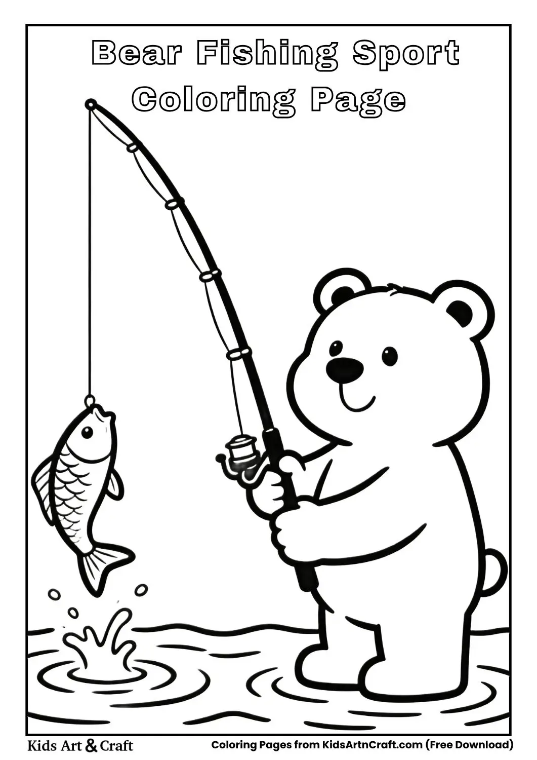 Bear fishing with rod simple black and white coloring page