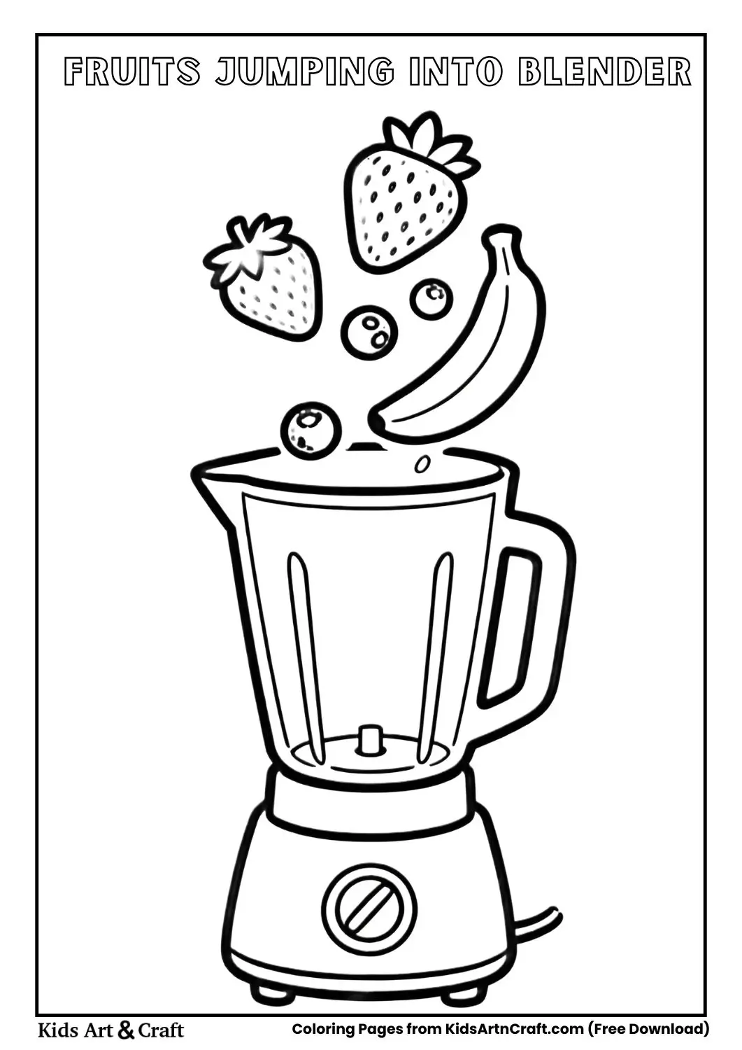 Fruits jumping into a blender in simple line art style.