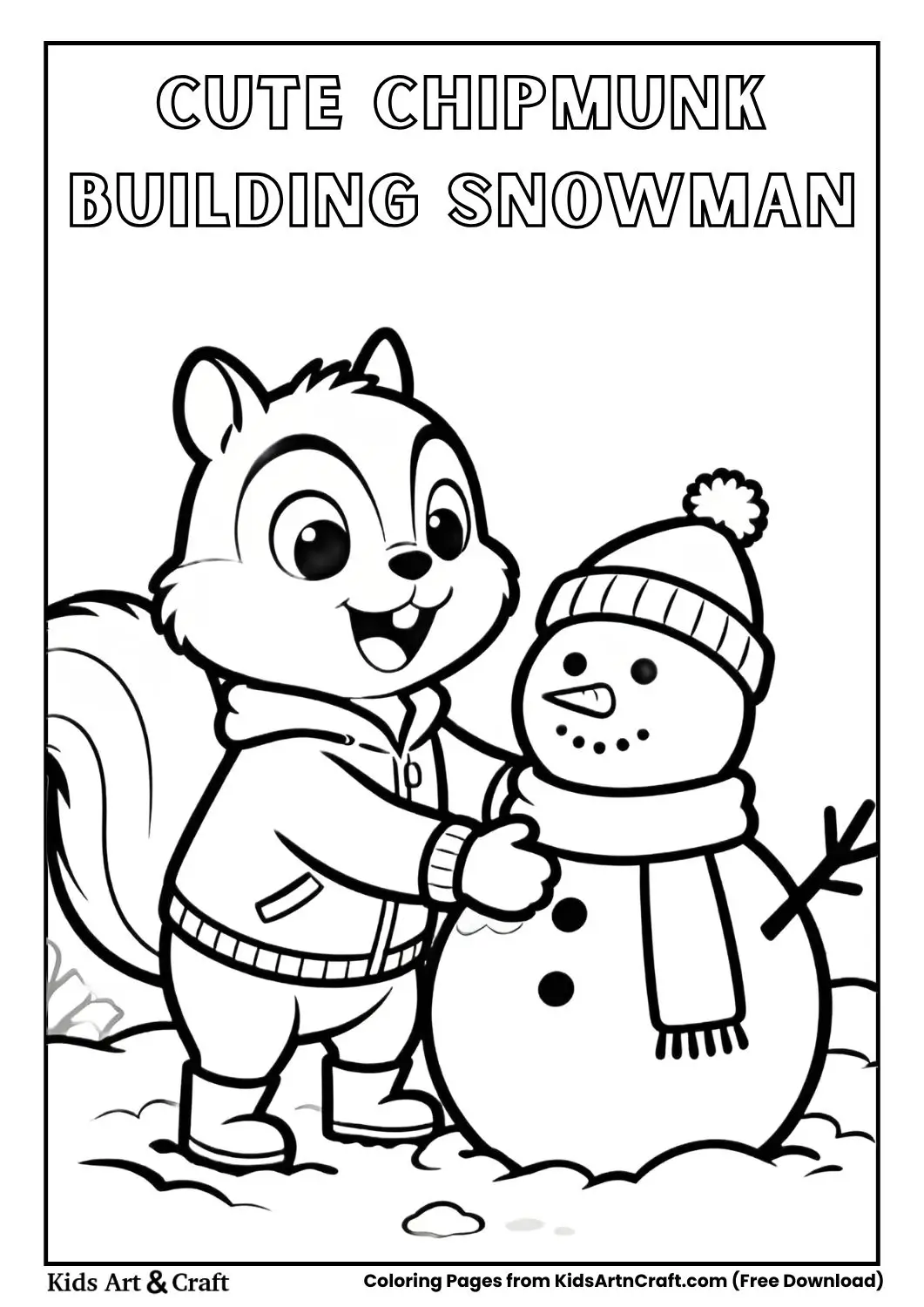 cartoon chipmunk building snowman winter coloring page