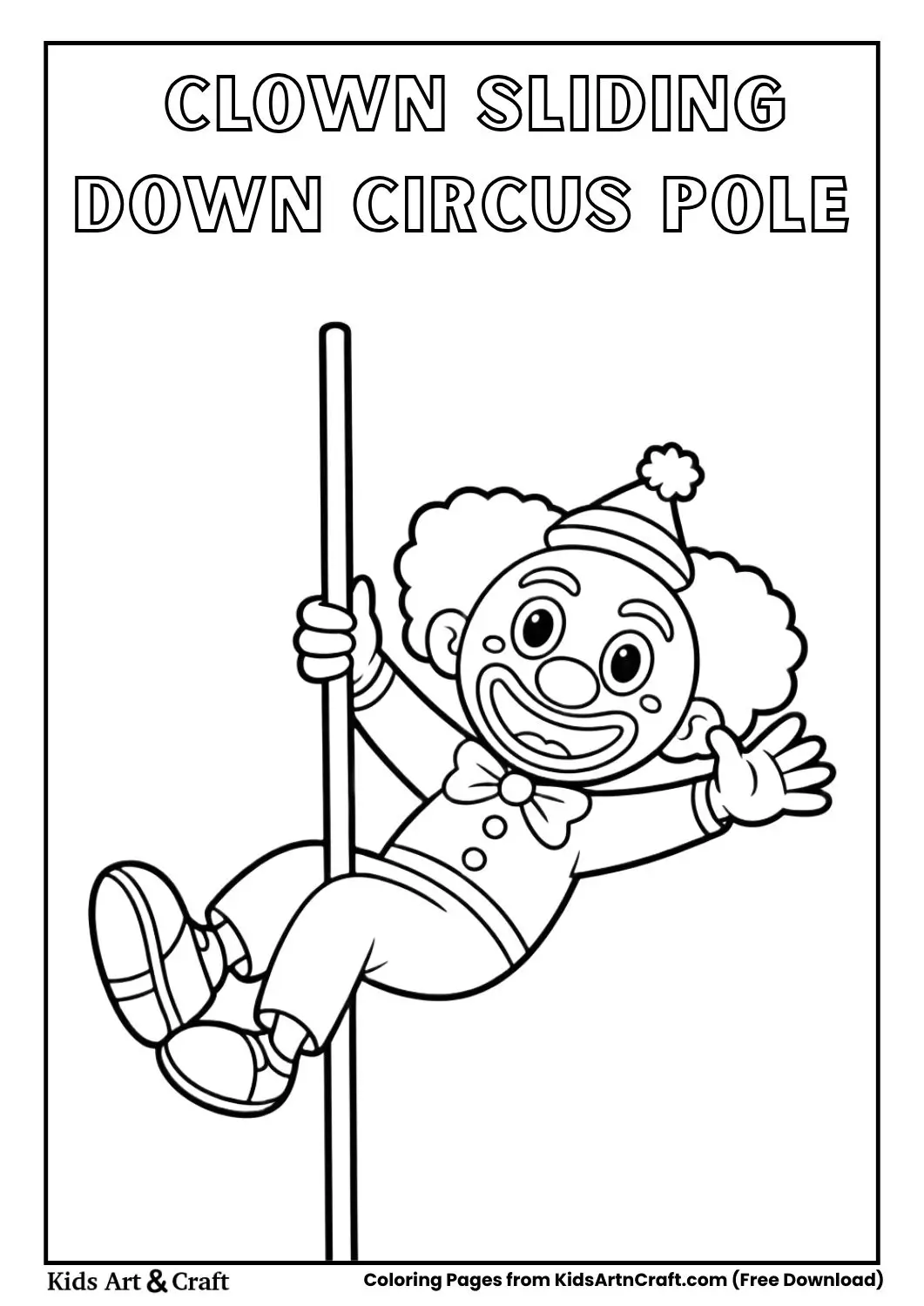 Black and white coloring page of a clown sliding down a circus pole.