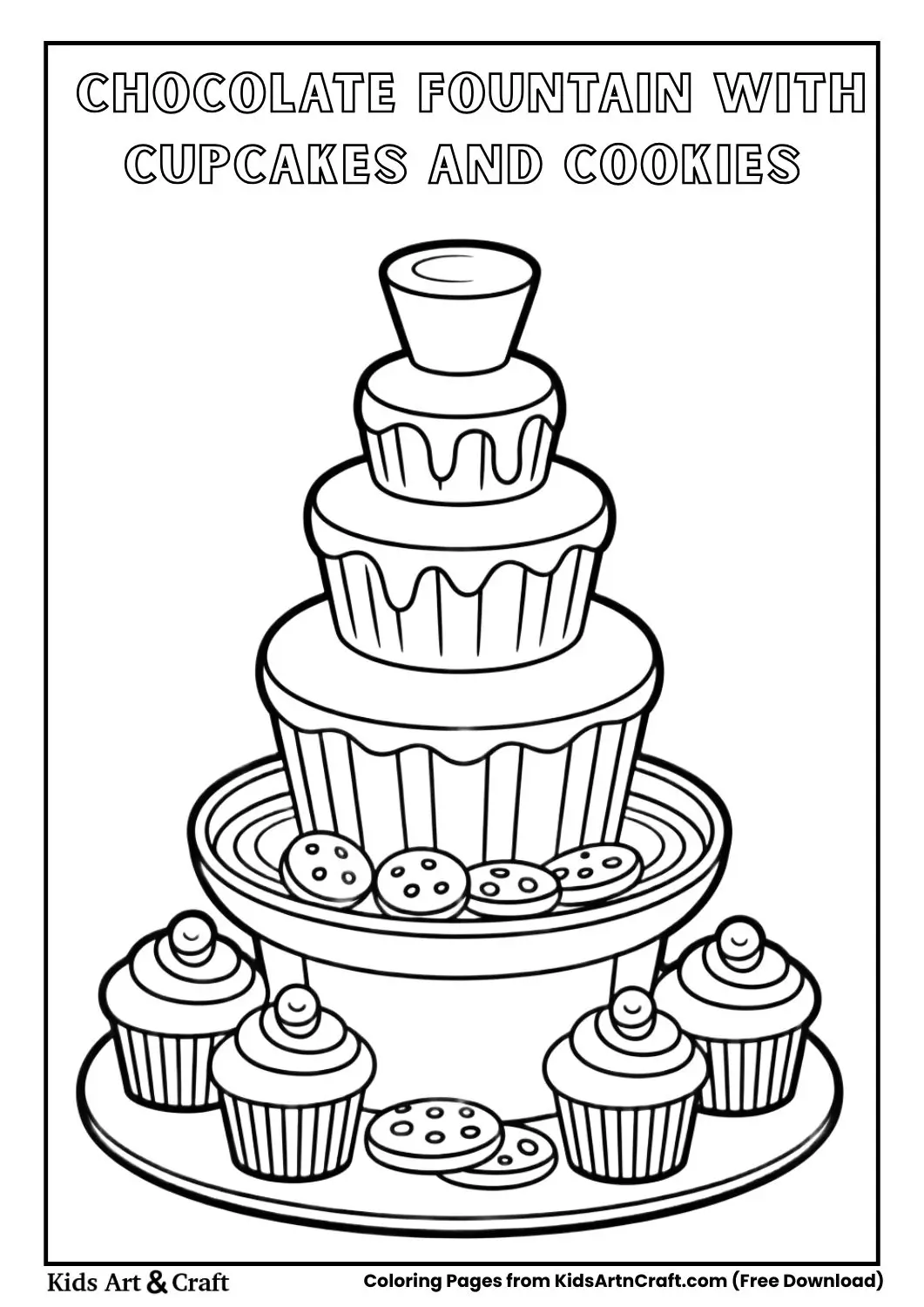 Chocolate fountain with cupcakes and cookies coloring page