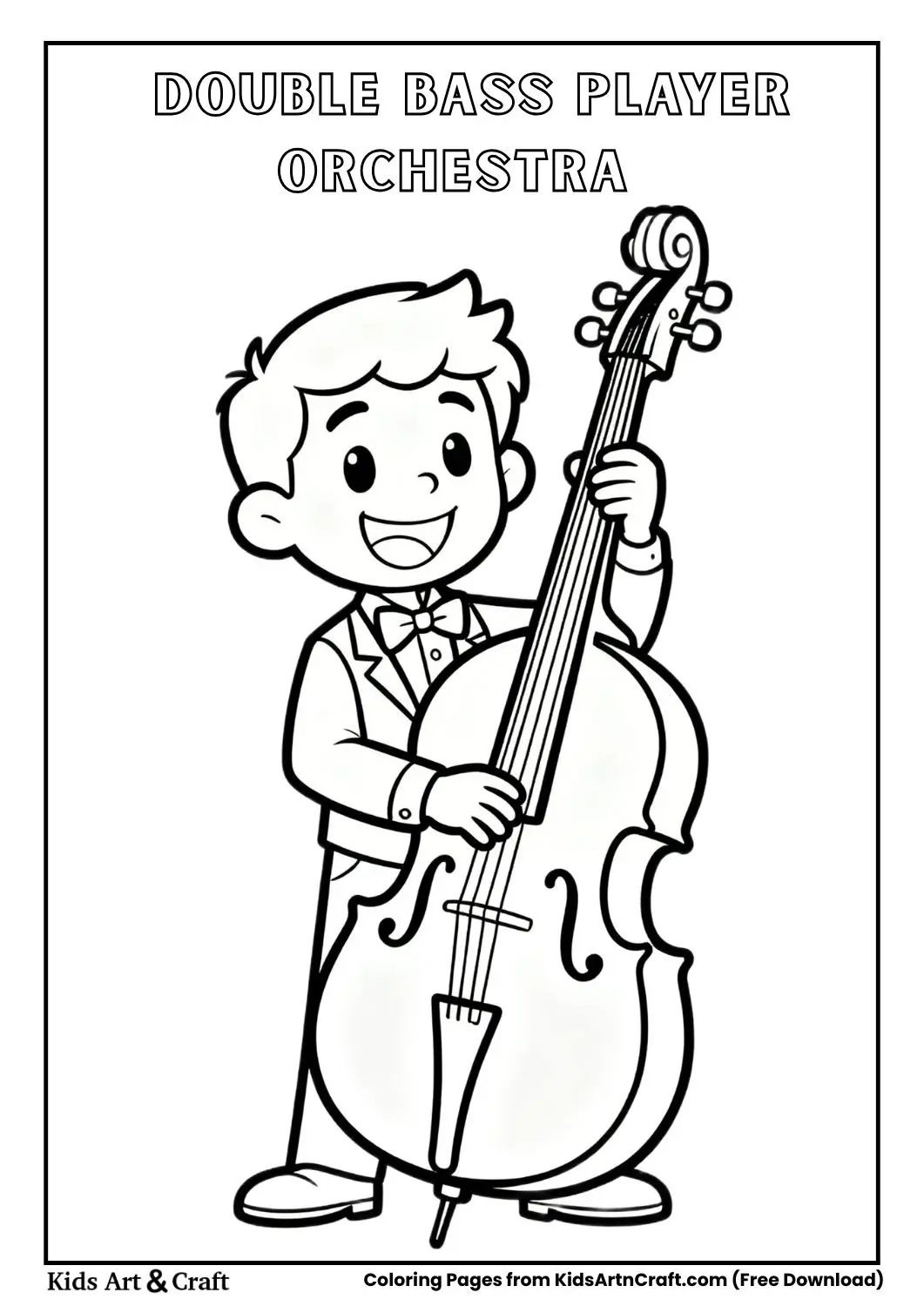 cartoon musician playing large double bass instrument kids coloring page