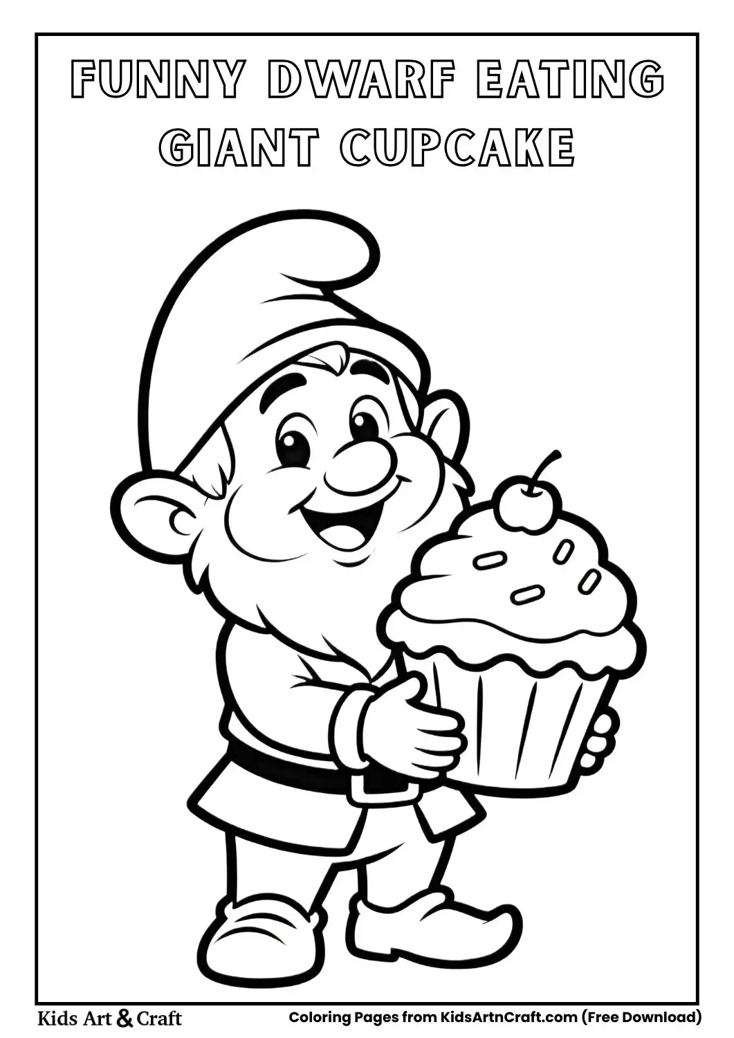 Cute dwarf holding a giant cupcake simple black and white coloring page