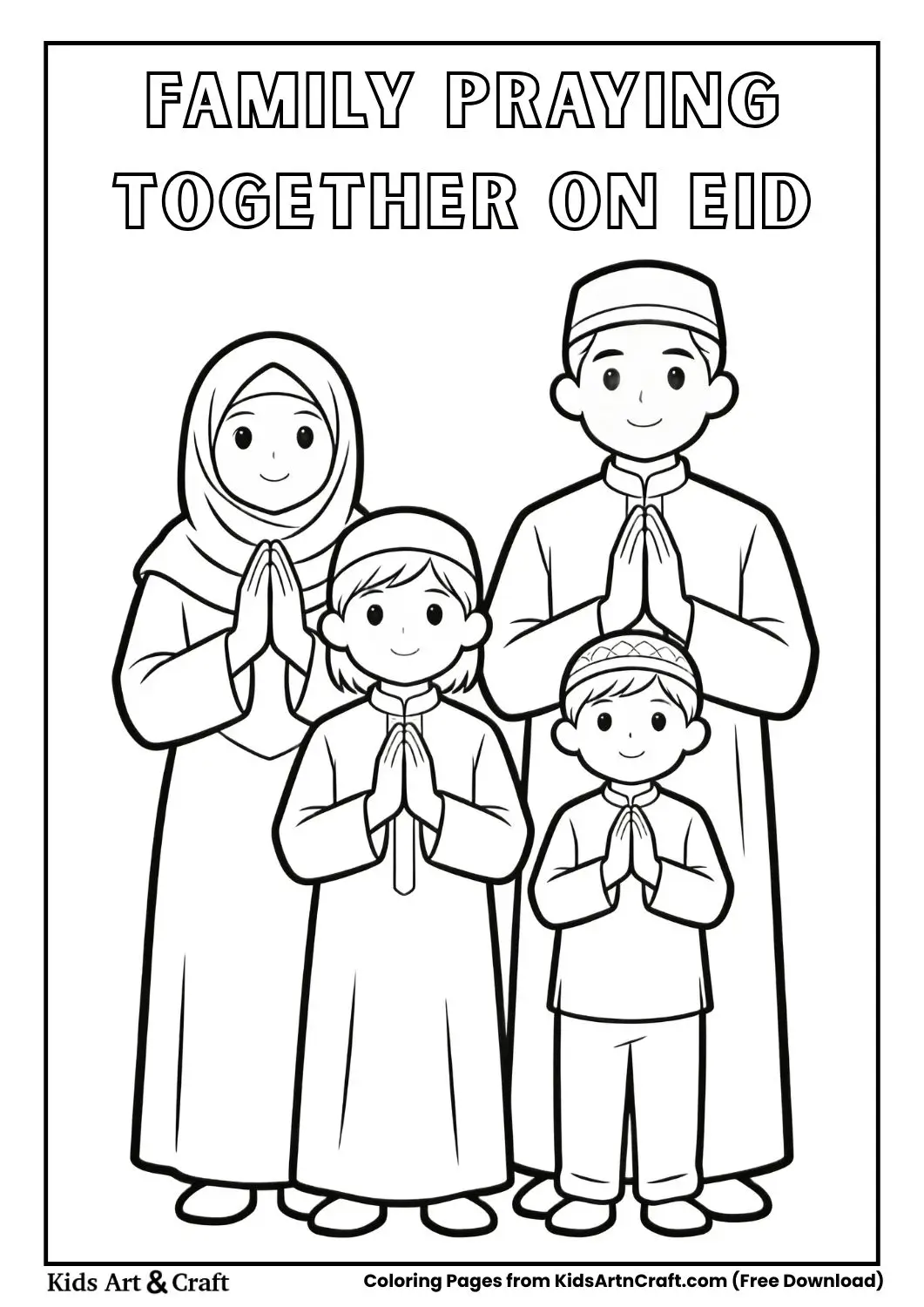 Family praying on Eid simple line art
