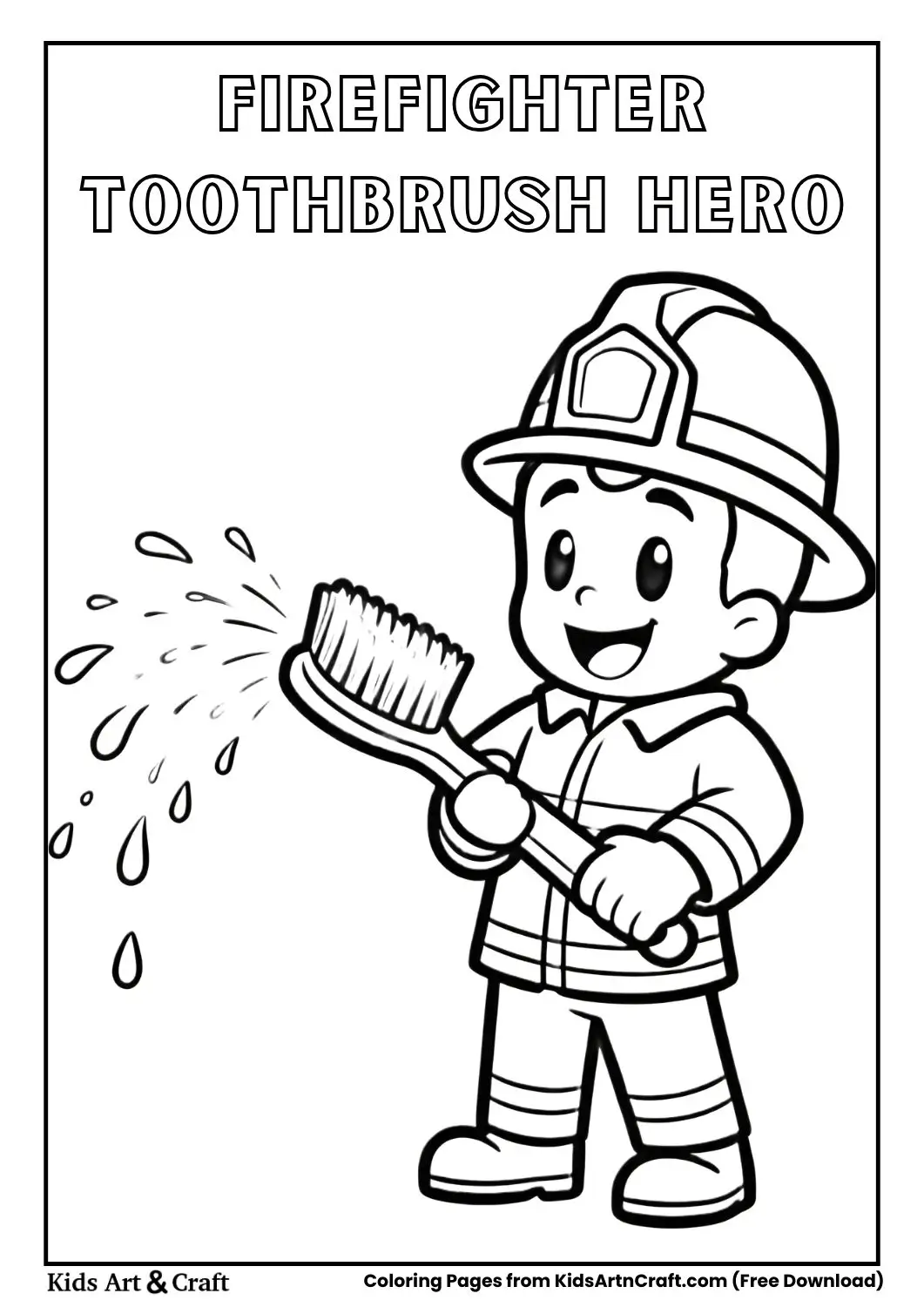 Toothbrush dressed as firefighter spraying water coloring page