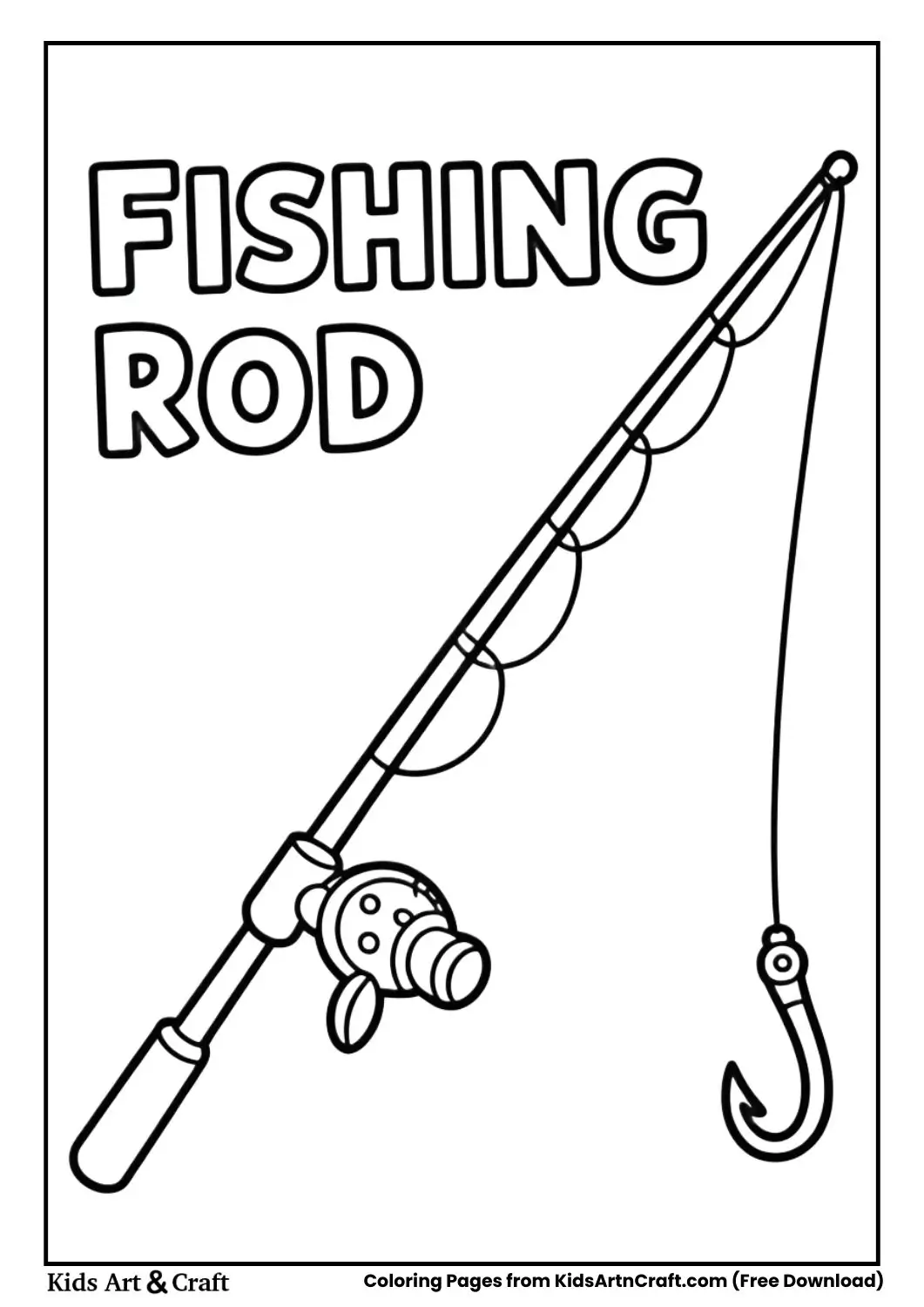 Fishing rod black and white coloring page for kids