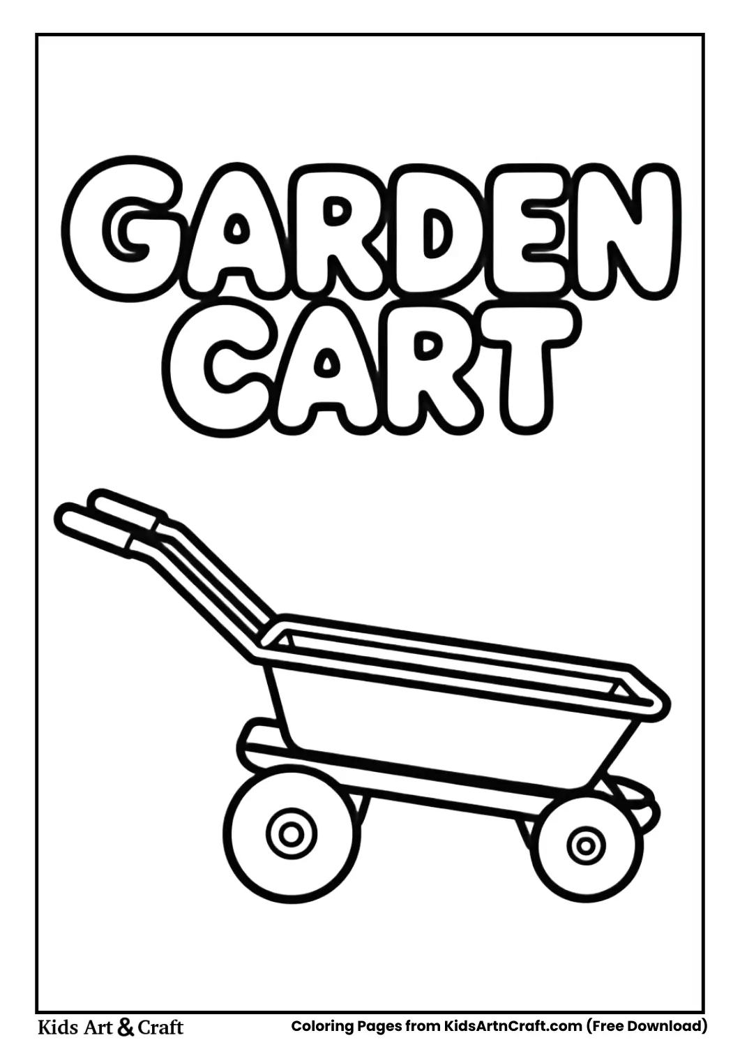 Black and white garden cart coloring page with bold outlines and simple design