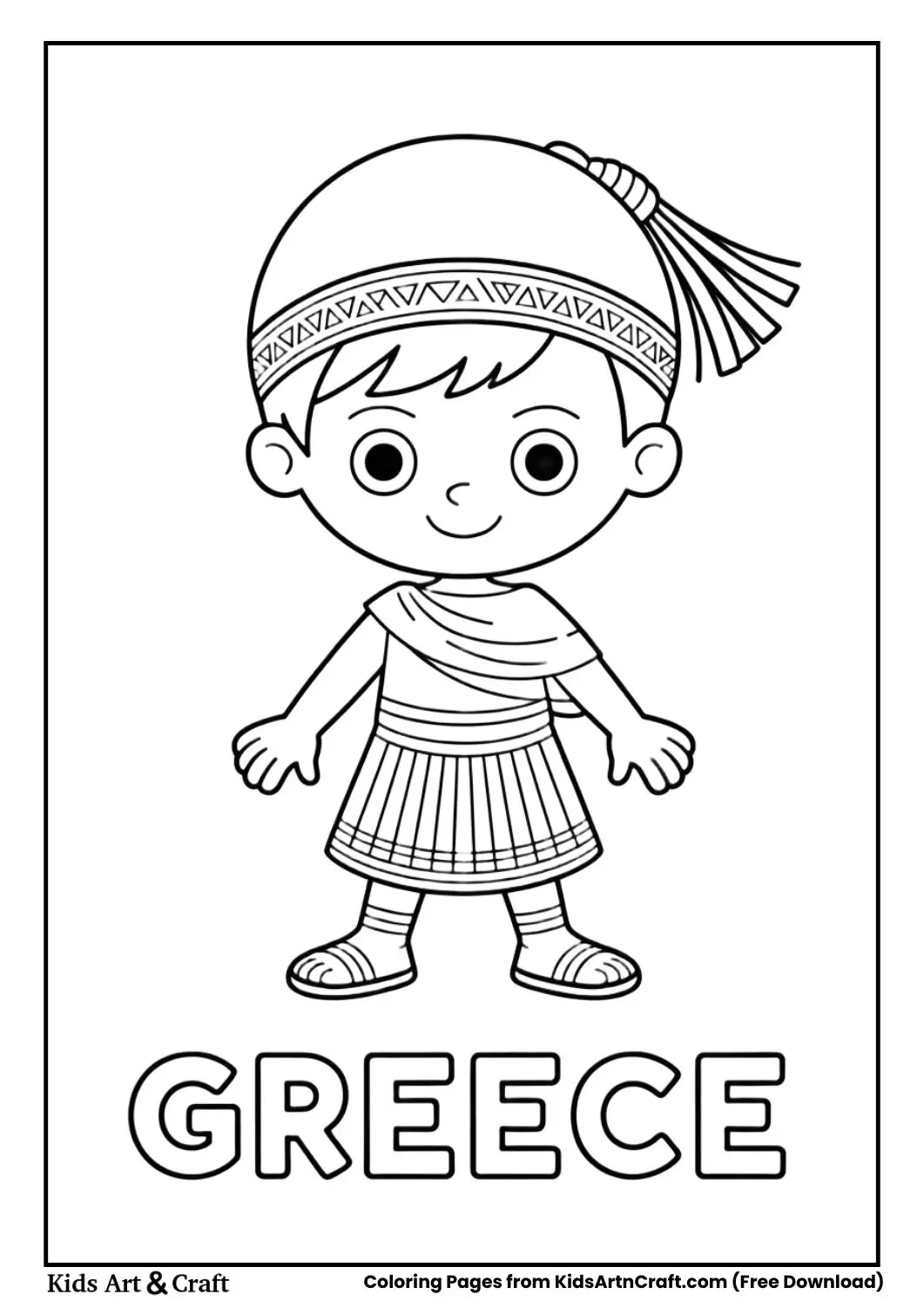 Boy wearing Greek fustanella traditional costume coloring page with country name Greece