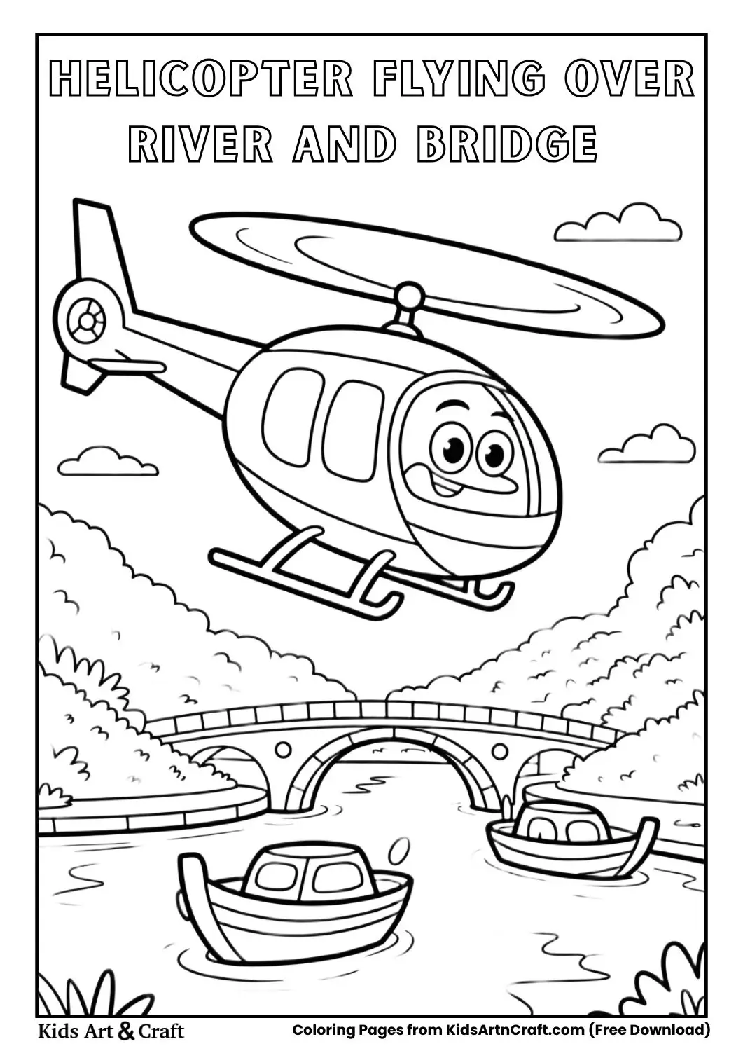 Helicopter flying above river with bridge and boats black and white coloring page