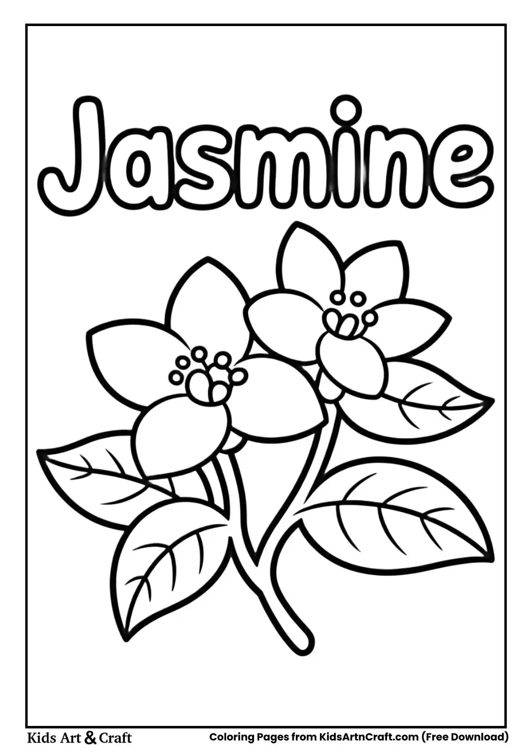 Jasmine flower black and white coloring page with the name Jasmine