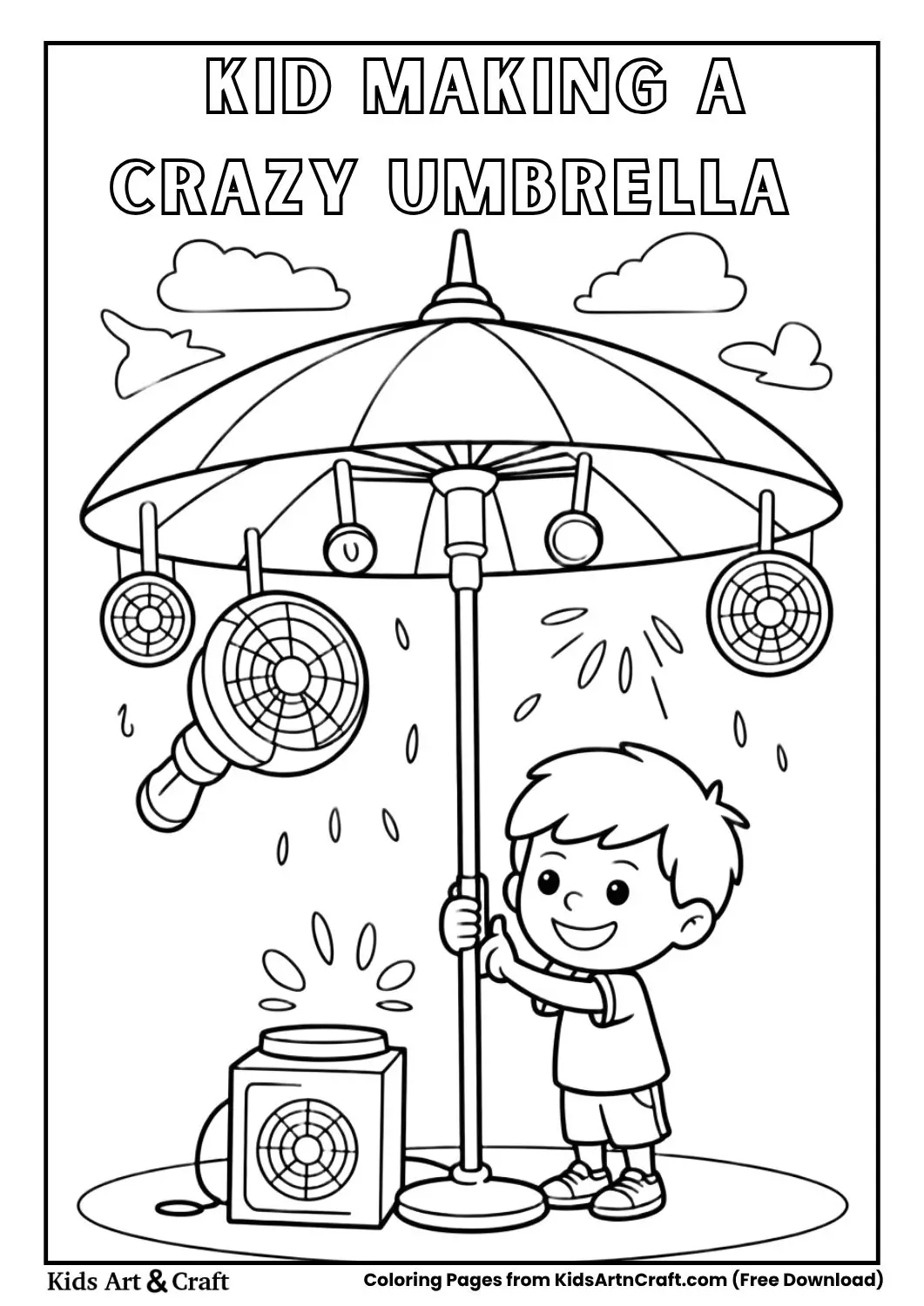 Child inventing a crazy umbrella with fans and lights coloring page