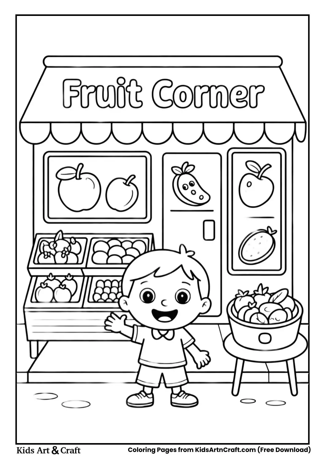 Kids Fruit Corner friendly fruit shop coloring page