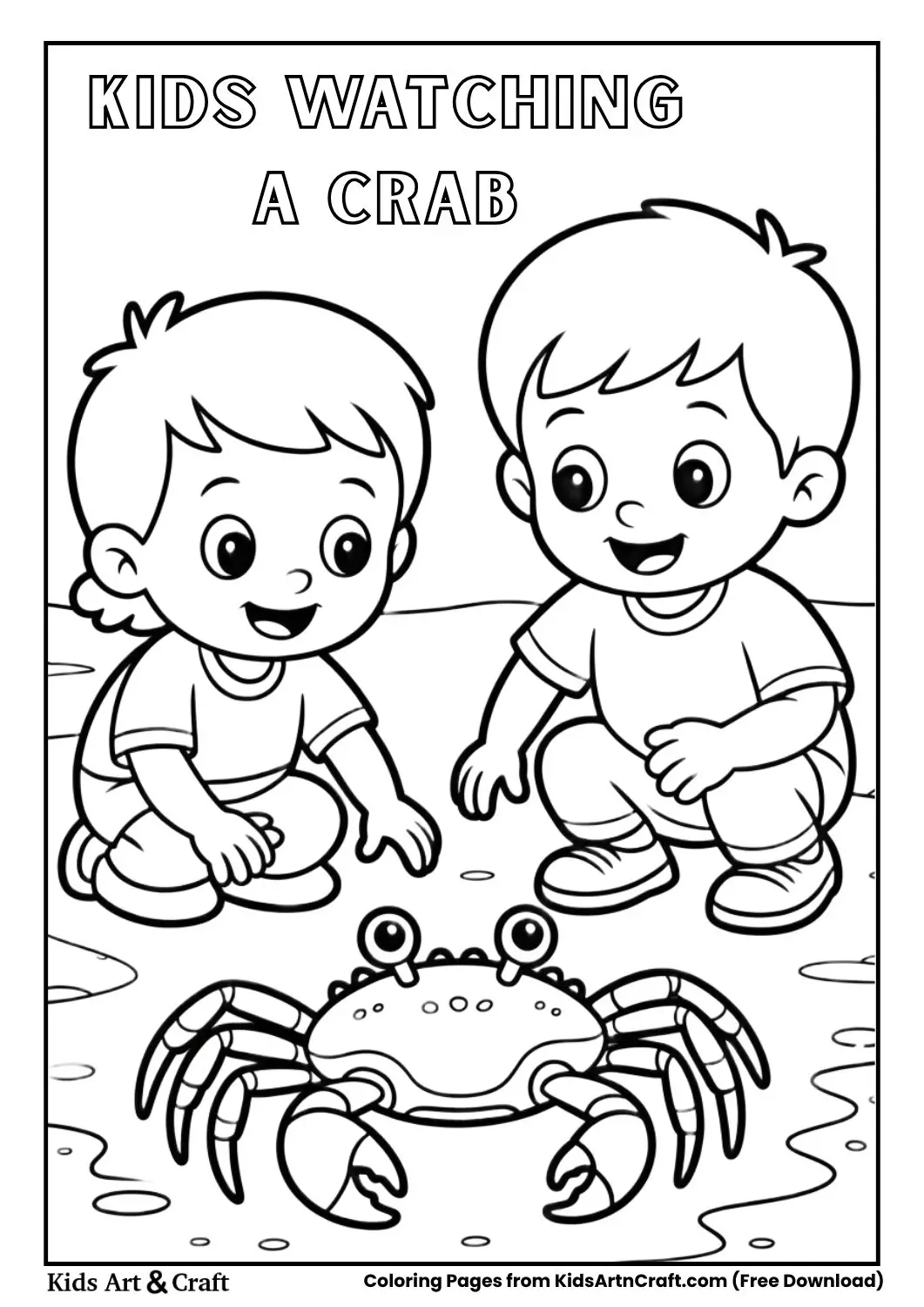 kids watching crab crawl on beach coloring page