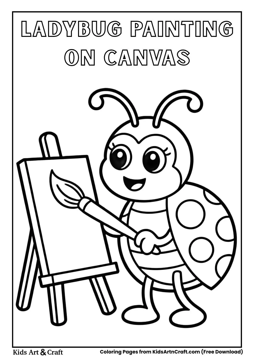 cartoon ladybug painting on an art canvas coloring page.
