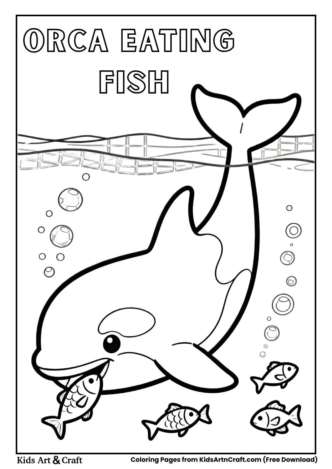 Orca eating fish underwater coloring page for kids