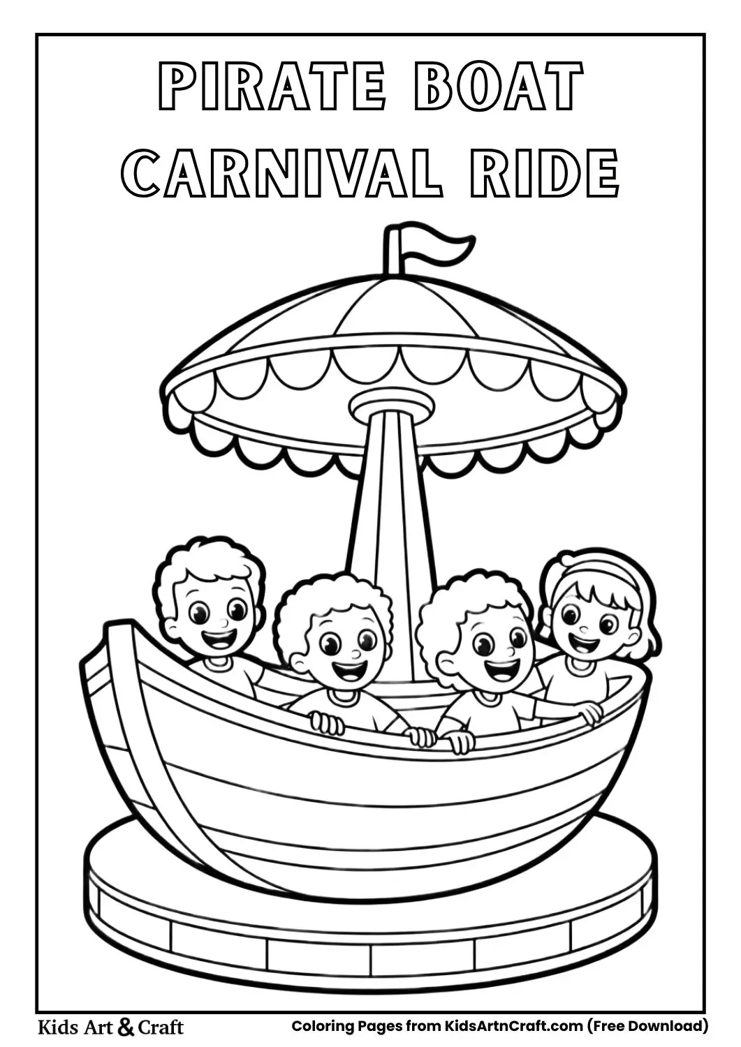 Kids riding a swinging pirate ship boat ride coloring page