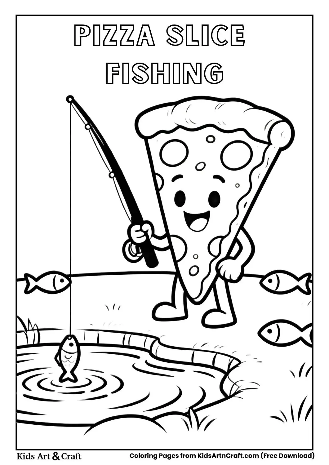 Pizza slice fishing at a pond with fishing rod coloring page