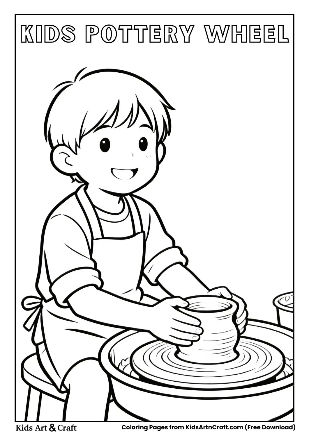 Black and white coloring page of a child making a clay pot