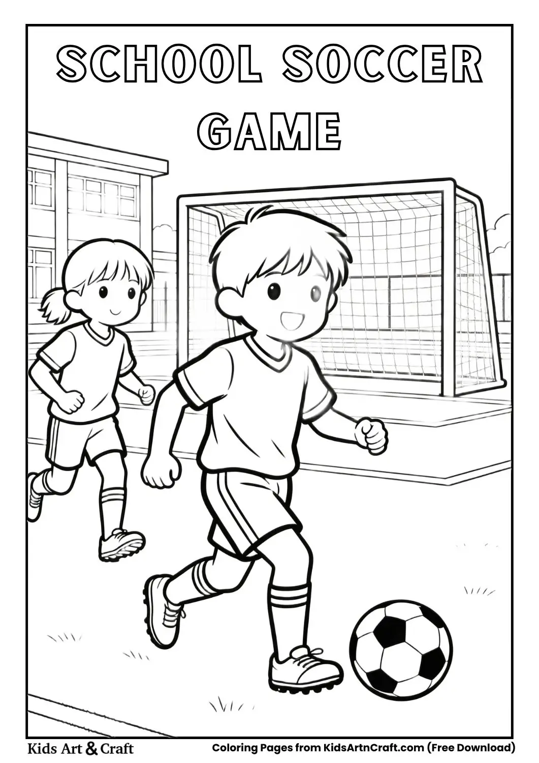 Children playing soccer on school field black and white page