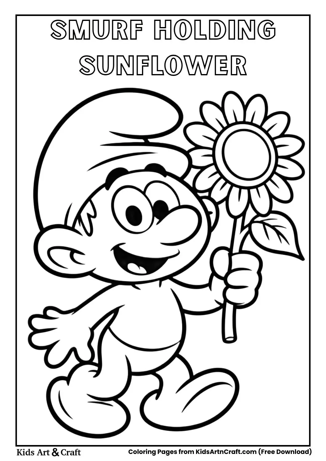 smurf holding big sunflower black and white coloring page for kids