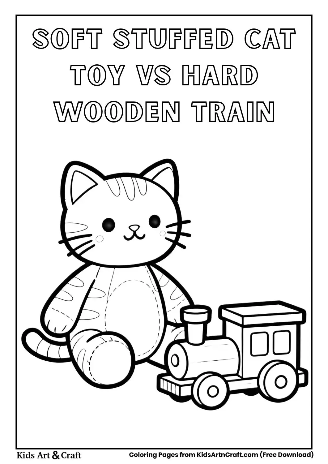 Soft stuffed cat toy and hard wooden toy train coloring page