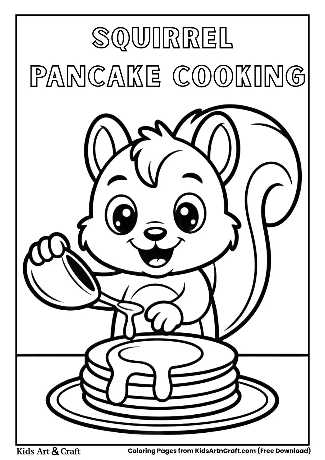 black and white coloring page of a squirrel stacking pancakes with syrup