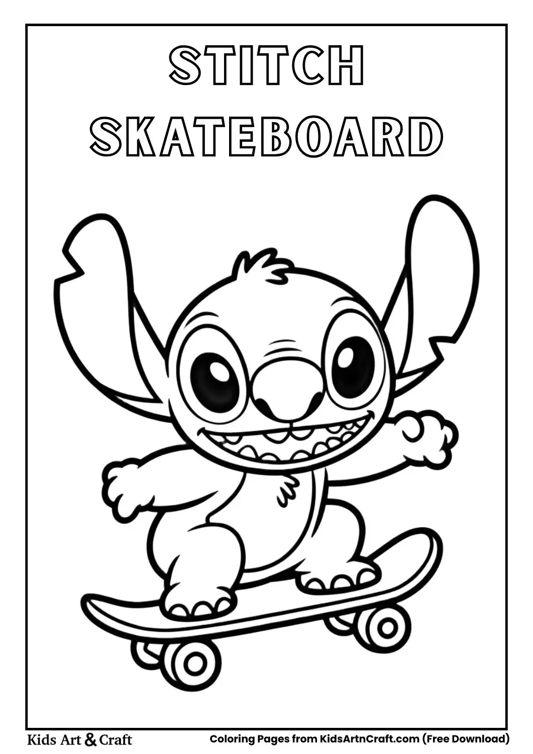 Stitch riding skateboard black and white coloring page for kids
