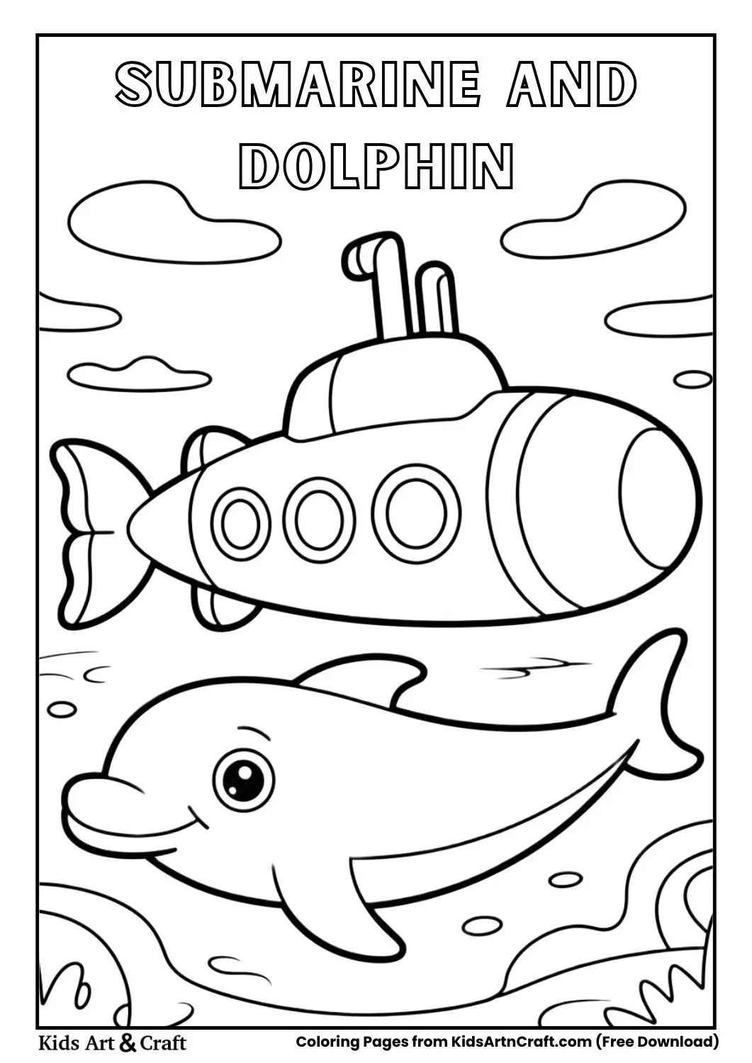 submarine with friendly dolphin underwater coloring page