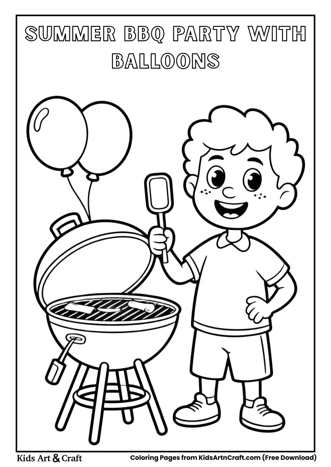 summer barbecue party with grill balloons and picnic table coloring page
