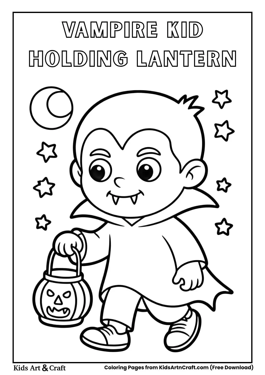 Vampire kid holding lantern at night Halloween coloring page