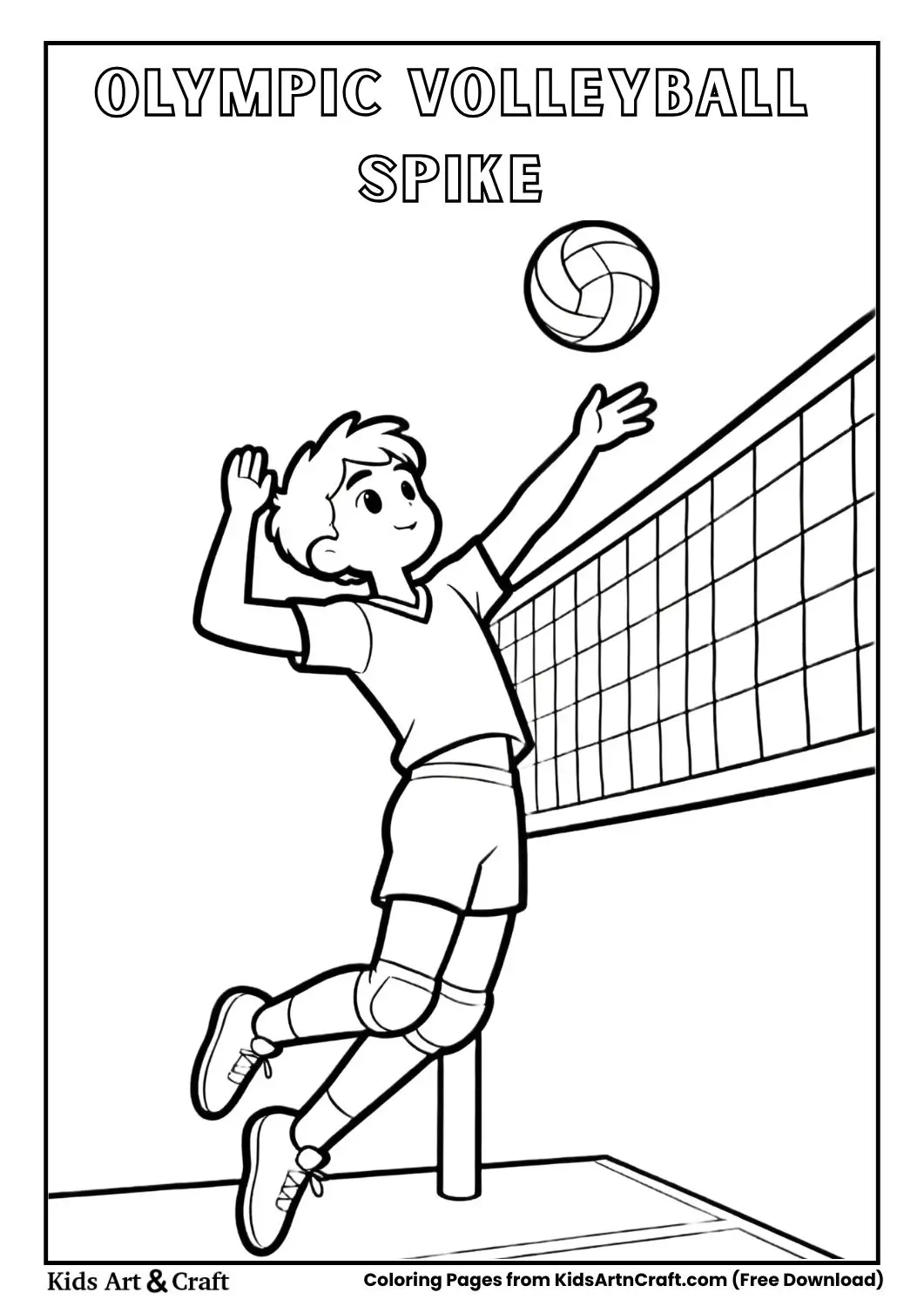 volleyball player spiking ball over net coloring page