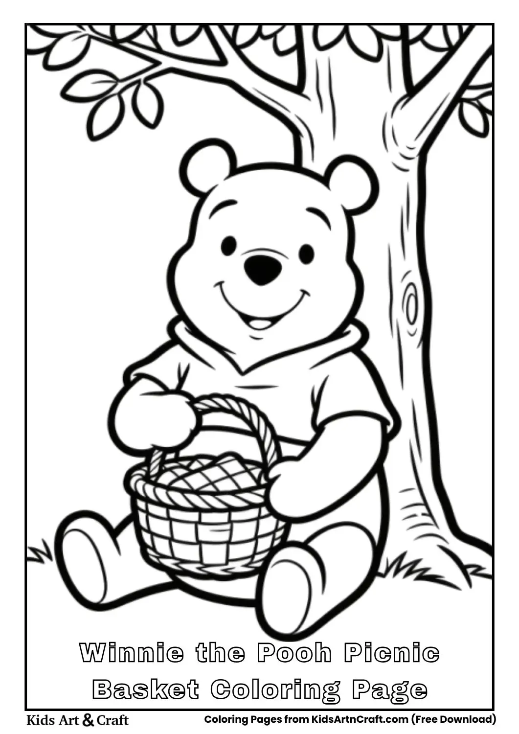 Winnie the Pooh having a picnic with a picnic basket under a tree coloring page