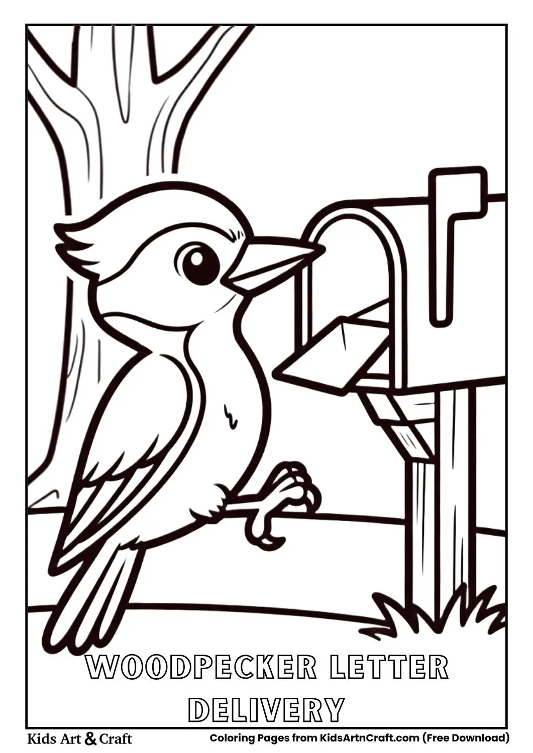 woodpecker near mailbox with letter coloring page