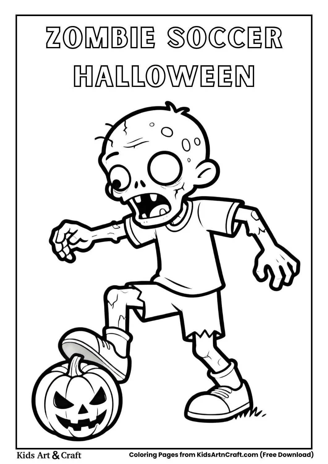 Zombie playing soccer with pumpkin ball coloring page for kids