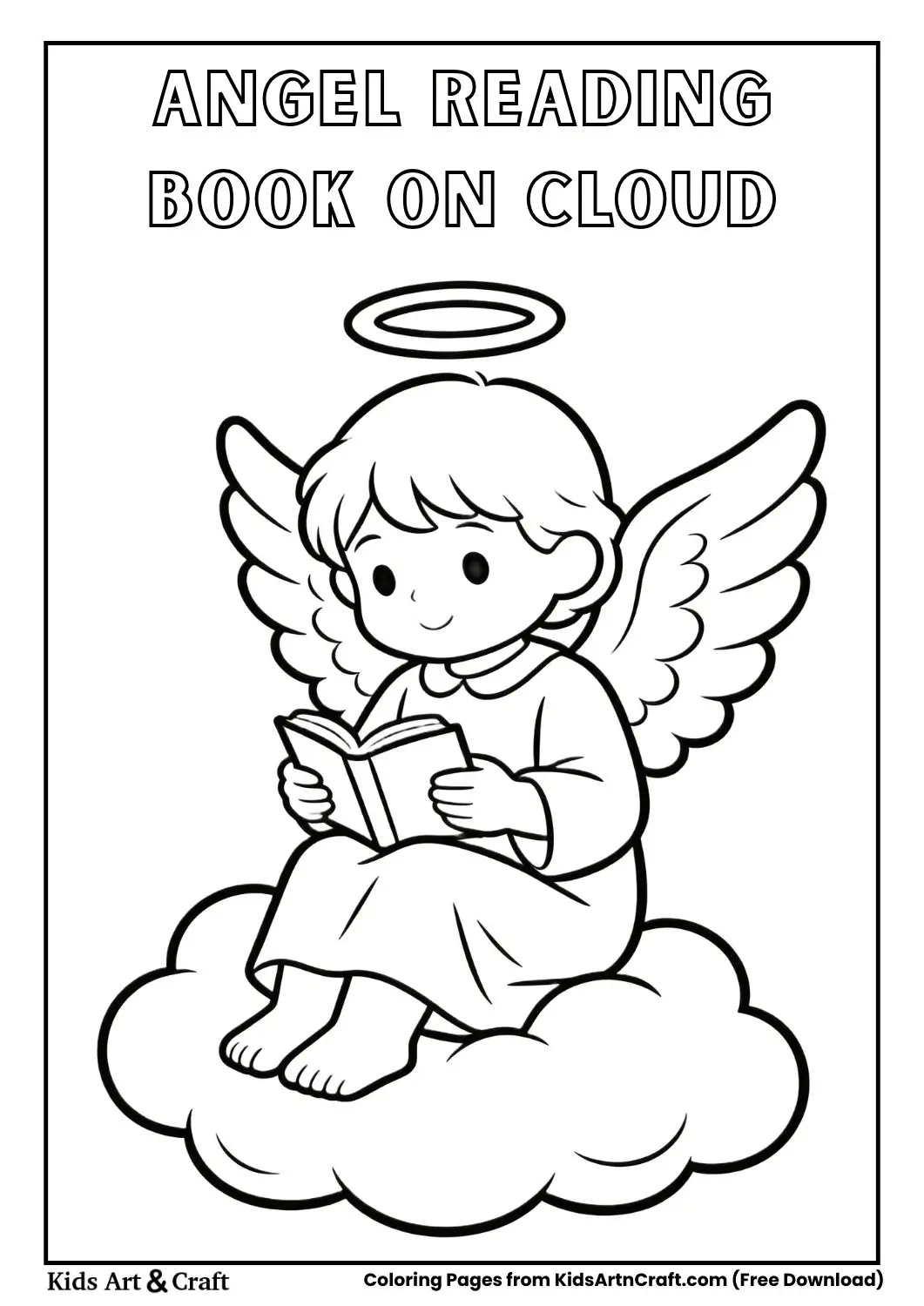 Angel sitting on cloud reading book outline coloring page