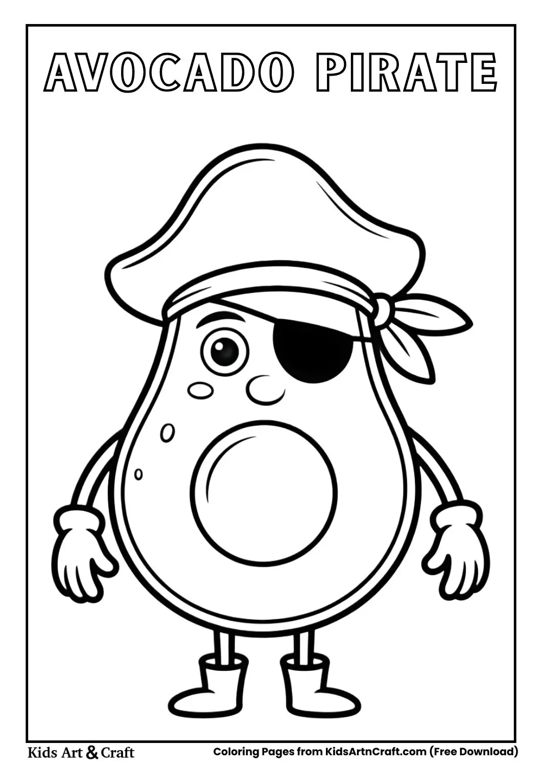 Cute avocado pirate with eye patch cartoon coloring page