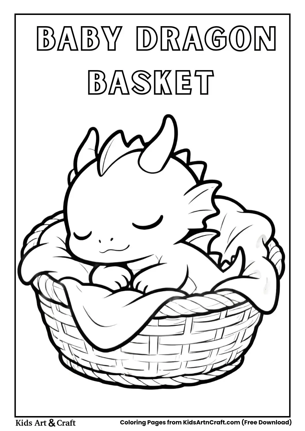 Baby dragon sleeping inside a soft basket coloring page