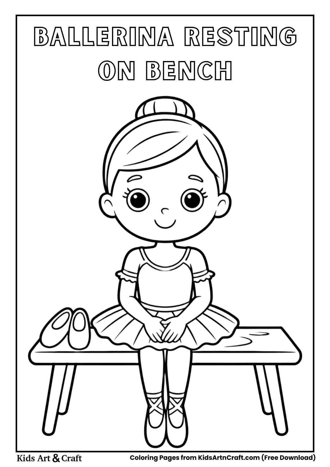 Cute ballerina sitting on a bench with ballet shoes beside her coloring page