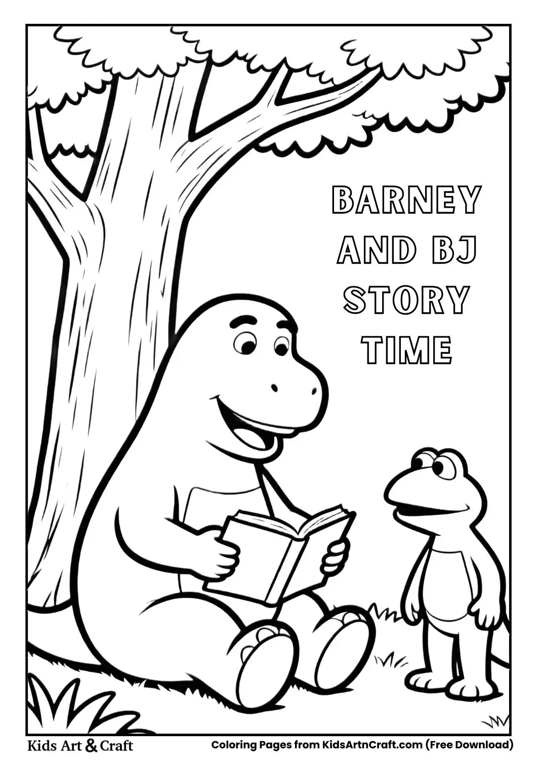 Barney reading story to BJ under tree cartoon coloring page