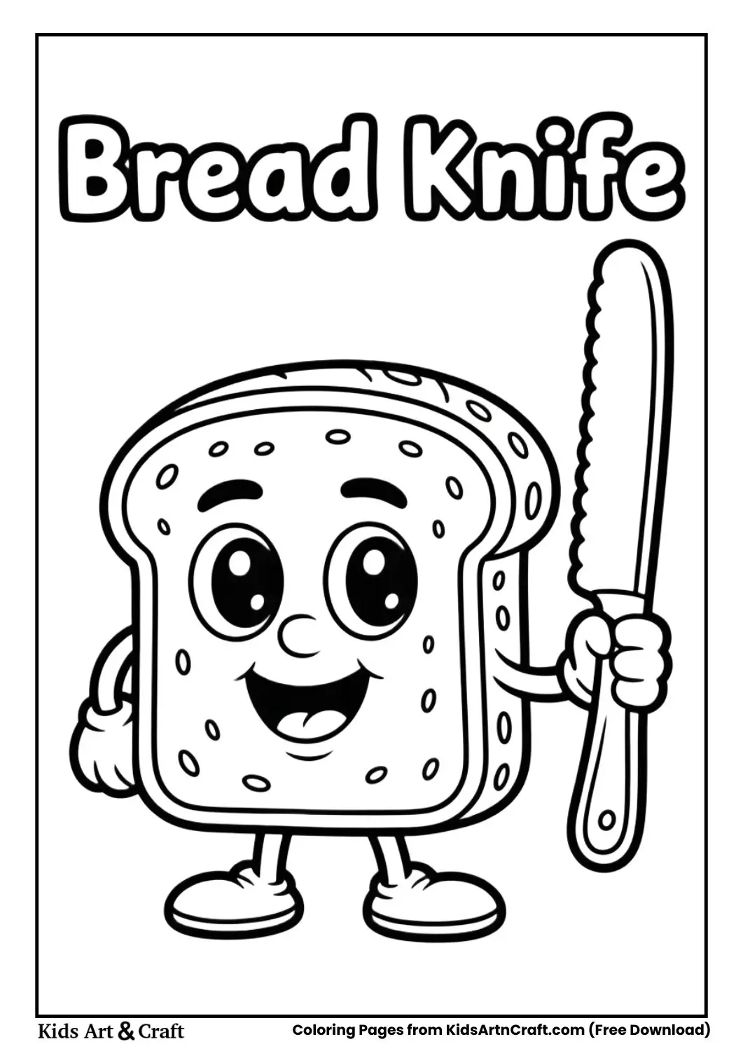 Cartoon bread knife black and white coloring page with the words BREAD KNIFE on top