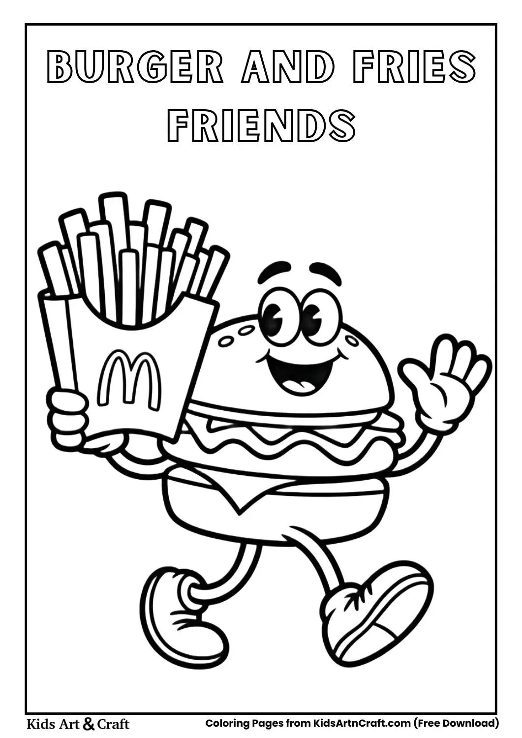 Smiling burger and fries characters walking together coloring page